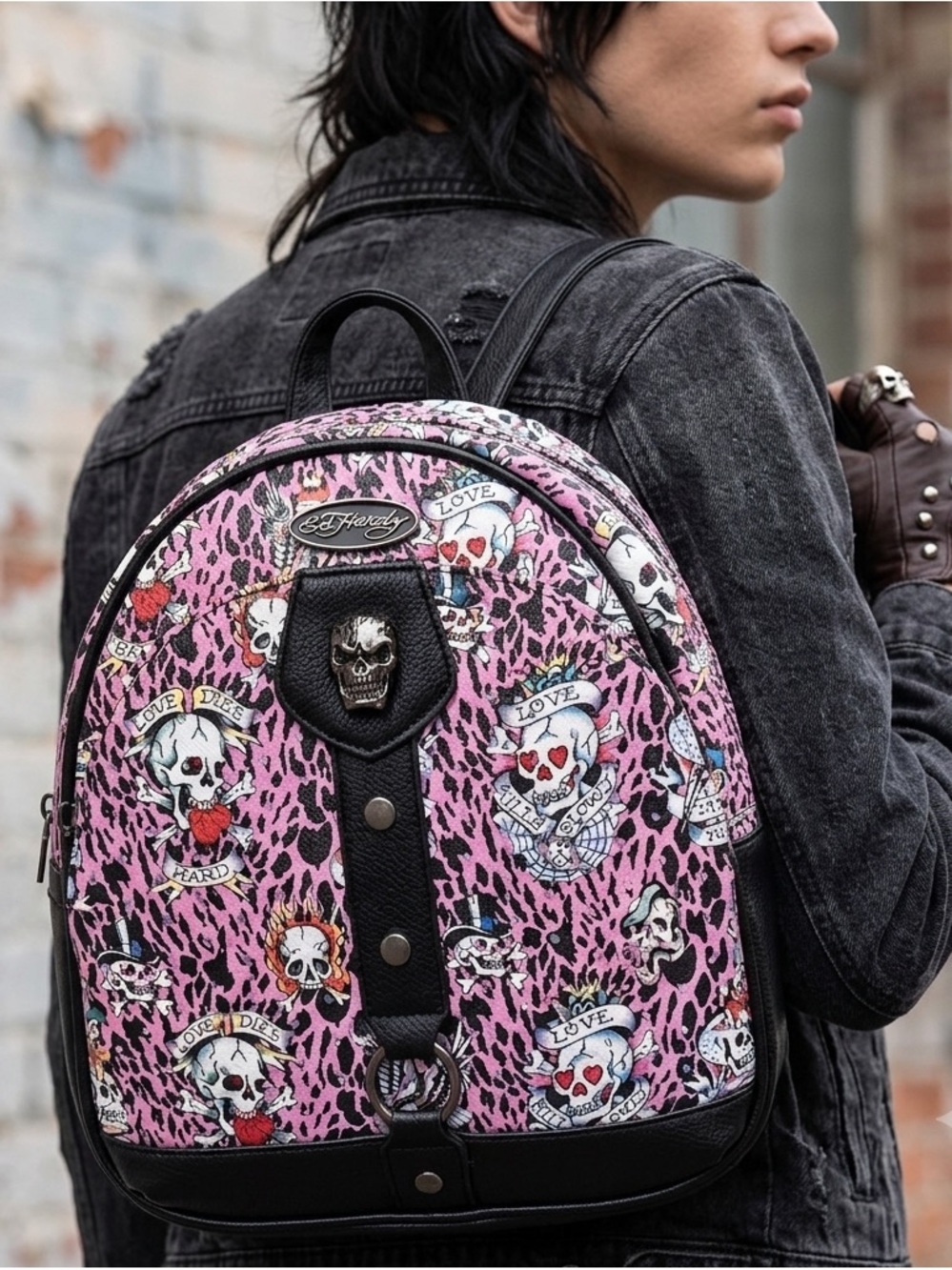 ED HARDY Pink Leopard Skulls Love Kills Backpack. Streetwear, Y2K, Alternative